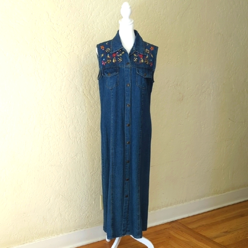 MSK MESA Vintage Sleeveless Button Up Embroidered Denim Maxi Dress Size Small